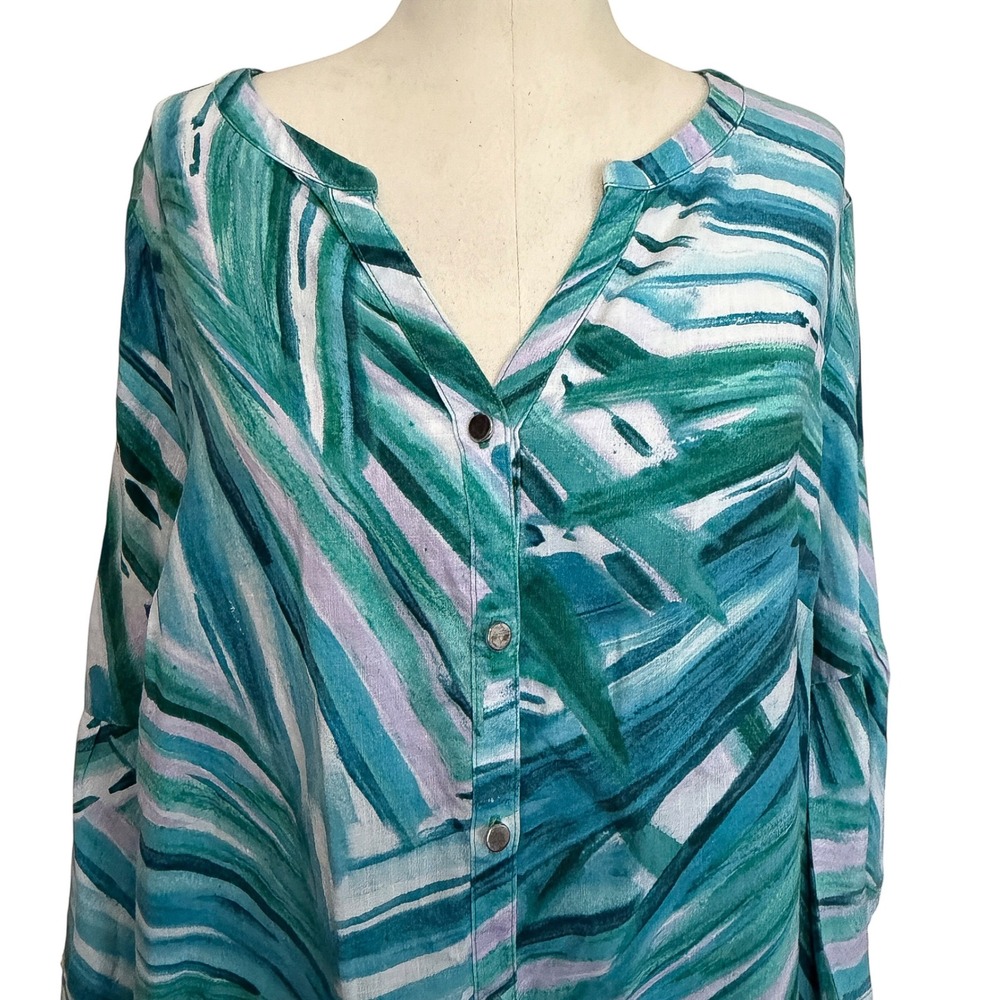 JM Collection Womens Linen Abstract Palm Print Bell Sleeve Button Blouse Size 16